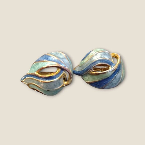 Vintage Blue & Green Enamel Wave Clip-On Earrings Gold-Tone Finish - Picture 3 of 4